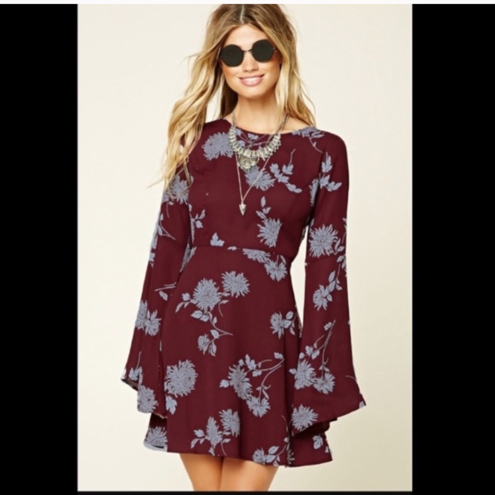 Maroon Floral Bohemian Dress w/ Bell Sleeves